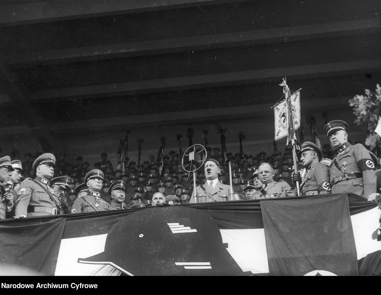 Adolf Hitler gives a speech in Hamburg's Stadthalle for the Reichsführertagung des Stahlhelms (55000 participants) 
